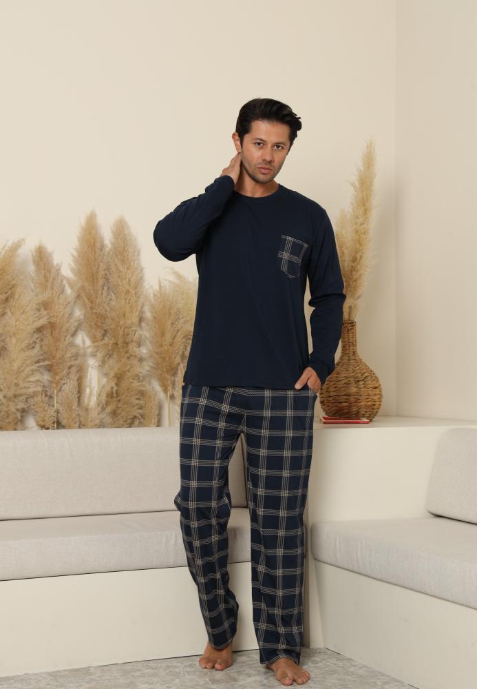 Pijama Barbati ,Maneca si Pantaloni Lungi, Culoare Bleumarin cu Crem,Engros